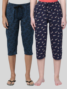 Kryptic - Women Blue Printed Regular Fit Cotton Capris (Pack of 2)
