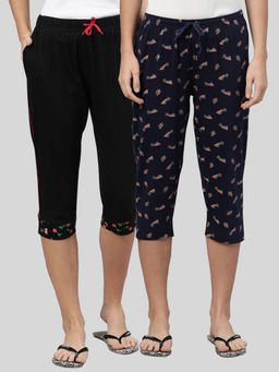 Kryptic - Women Black & Navy Printed Regular Fit Cotton Capris (Pack of 2)
