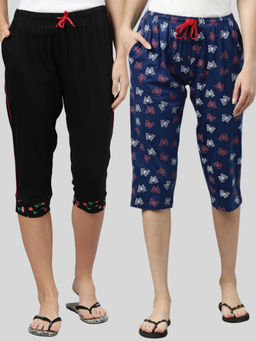 Kryptic - Women Black & Navy Printed Regular Fit Cotton Capris (Pack of 2)