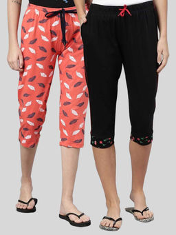 Kryptic - Women Black & Coral Printed Regular Fit Cotton Capris (Pack of 2)