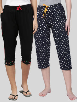 Kryptic - Women Black & Navy Printed Regular Fit Cotton Capris (Pack of 2)
