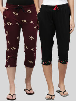 Kryptic - Women Black & Maroon Printed Regular Fit Cotton Capris (Pack of 2)