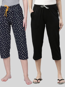 Kryptic - Women Black & Navy Printed Regular Fit Cotton Capris (Pack of 2)