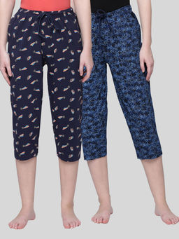 Kryptic - Women Blue Printed Regular Fit Cotton Capris (Pack of 2)