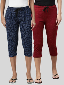 Kryptic - Women Blue & Maroon Printed Regular Fit Cotton Capris (Pack of 2)