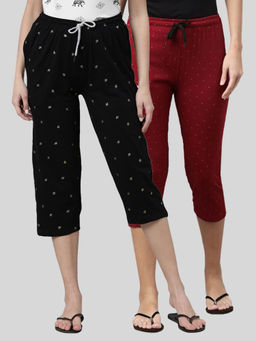 Kryptic - Women Black & Maroon Printed Regular Fit Cotton Capris (Pack of 2)