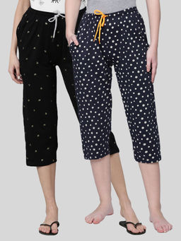 Kryptic - Women Navy Blue & Black Printed Regular Fit Cotton Capris (Pack of 2)
