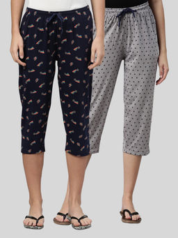 Kryptic - Women Grey & Navy Printed Regular Fit Cotton Capris (Pack of 2)