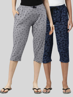 Kryptic - Women Grey & Blue Printed Regular Fit Cotton Capris (Pack of 2)