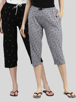 Kryptic - Women Grey & Black Printed Regular Fit Cotton Capris (Pack of 2)