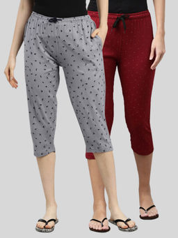 Kryptic - Women Grey & Maroon Printed Regular Fit Cotton Capris (Pack of 2)