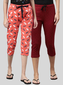 Kryptic - Women Maroon & Coral Printed Regular Fit Cotton Capris (Pack of 2)