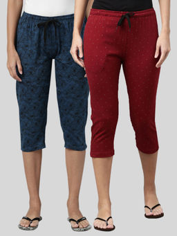 Kryptic - Women Maroon & Teal Blue Printed Regular Fit Cotton Capris (Pack of 2)