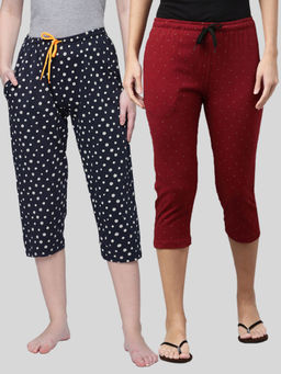 Kryptic - Women Maroon & Navy Printed Regular Fit Cotton Capris (Pack of 2)