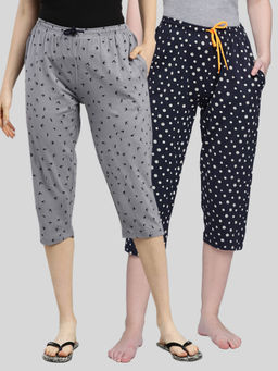 Kryptic - Women Navy Blue & Grey Printed Regular Fit Cotton Capris (Pack of 2)
