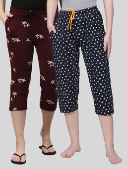 Kryptic - Women Maroon & Navy Printed Regular Fit Cotton Capris (Pack of 2)