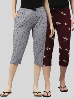Kryptic - Women Maroon & Grey Printed Regular Fit Cotton Capris (Pack of 2)