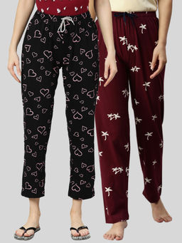 Kryptic - Women Maroon & Black Printed Pure Cotton Lounge Pants (Pack of 2)