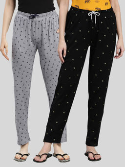 Kryptic - Women Grey & Black Printed Pure Cotton Lounge Pants (Pack of 2)
