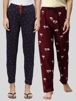 Kryptic - Women Maroon & Navy Printed Pure Cotton Lounge Pants (Pack of 2)