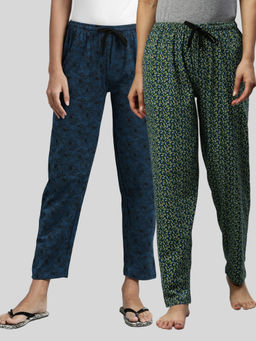 Kryptic - Women Green & Teal Blue Printed Pure Cotton Lounge Pants (Pack of 2)