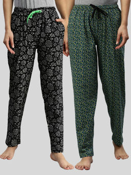 Kryptic - Women Black & Green Printed Pure Cotton Lounge Pants (Pack of 2)