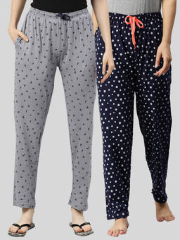 Kryptic - Women Grey & Navy Printed Pure Cotton Lounge Pants (Pack of 2)