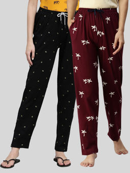 Kryptic - Women Maroon & Black Printed Pure Cotton Lounge Pants (Pack of 2)