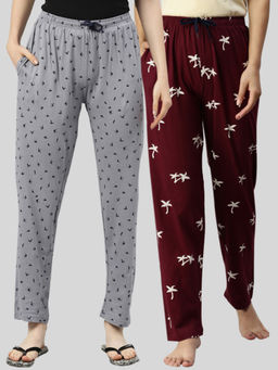 Kryptic - Women Grey & Maroon Printed Pure Cotton Lounge Pants (Pack of 2)