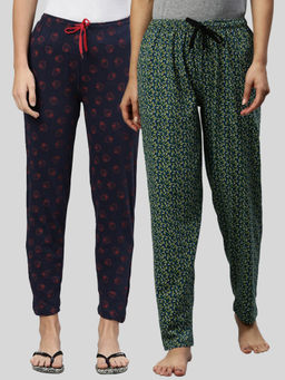 Kryptic - Women Green & Navy Printed Pure Cotton Lounge Pants (Pack of 2)