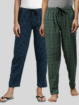 Kryptic - Women Green & Teal Blue Printed Pure Cotton Lounge Pants (Pack of 2)