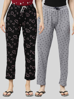 Kryptic - Women Grey & Black Printed Pure Cotton Lounge Pants (Pack of 2)