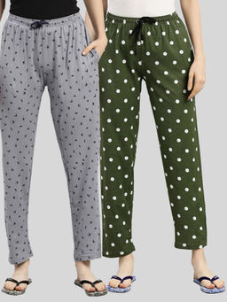 Kryptic - Women Green & Grey Printed Pure Cotton Lounge Pants (Pack of 2)