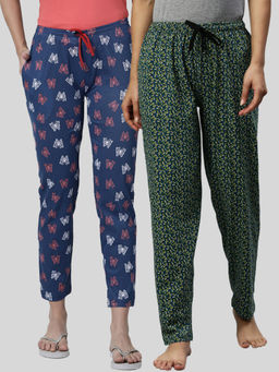 Kryptic - Women Green & Navy Printed Pure Cotton Lounge Pants (Pack of 2)