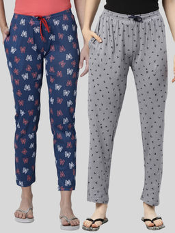 Kryptic - Women Grey & Navy Printed Pure Cotton Lounge Pants (Pack of 2)