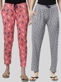 Kryptic - Women Grey & Coral Printed Pure Cotton Lounge Pants (Pack of 2)