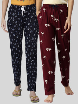Kryptic - Women Maroon & Navy Printed Pure Cotton Lounge Pants (Pack of 2)