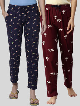 Kryptic - Women Maroon & Navy Printed Pure Cotton Lounge Pants (Pack of 2)