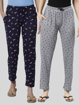 Kryptic - Women Grey & Navy Printed Pure Cotton Lounge Pants (Pack of 2)