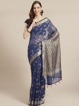 Indethnic - Banarasi Blue Woven Design Traditional Wear Saree With Unstitched Blouse