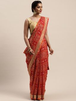 Vastranand - Red Poly Georgette Printed Bandhani Saree with Unstitched Blouse