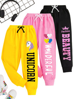 Kuchipoo - Girls Multi-Color Typography Joggers (Pack of 3)