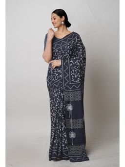 Unnati Silks - Black Pure Hand Block Printed Cotton Saree with Unstitched Blouse Unm74716