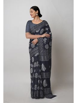 Unnati Silks - Black Pure Hand Block Printed Cotton Saree with Unstitched Blouse Unm74717