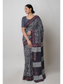Unnati Silks - Black Pure Hand Block Printed Cotton Saree with Unstitched Blouse Unm74718