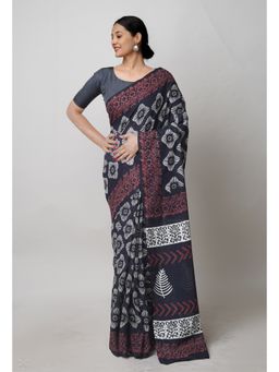 Unnati Silks - Black Pure Hand Block Printed Cotton Saree with Unstitched Blouse Unm74719