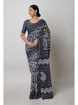 Unnati Silks - Black Pure Hand Block Printed Cotton Saree with Unstitched Blouse Unm74720