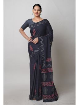 Unnati Silks - Black Pure Hand Block Printed Cotton Saree with Unstitched Blouse Unm74721