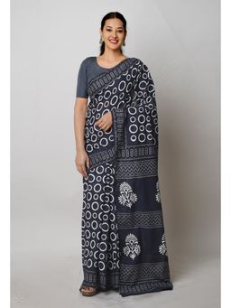 Unnati Silks - Black Pure Hand Block Printed Cotton Saree with Unstitched Blouse Unm74722