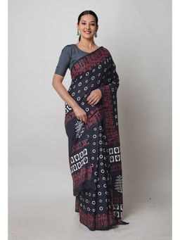 Unnati Silks - Black Pure Hand Block Printed Cotton Saree with Unstitched Blouse Unm74723
